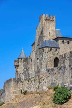 Fransa 'daki ünlü eski Carcassonne kalesinin manzarası.