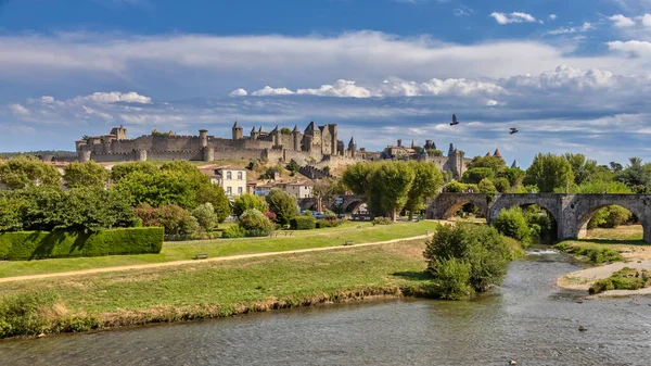 Uitzicht Het Beroemde Oude Kasteel Van Carcassonne Frankrijk — Stockfoto