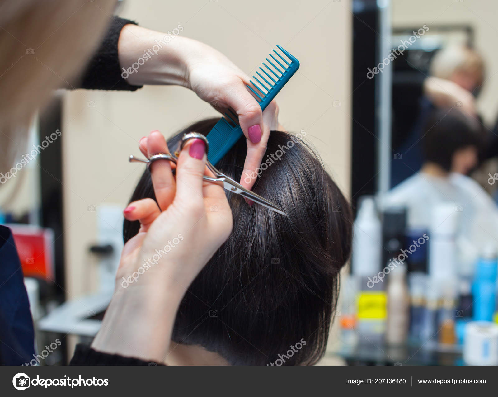 Hairdresser Does Haircut Hot Scissors Hair Young Girl Brunette