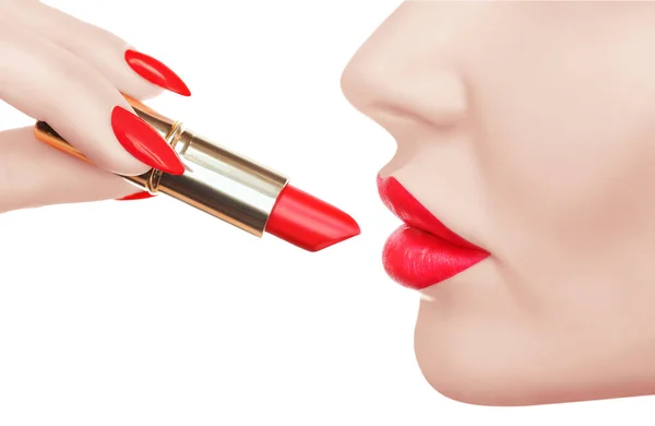 Bella Donna Sta Dipingendo Labbra Con Lussuoso Rossetto Rosso Sfondo — Foto Stock