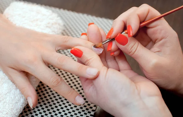 Master of manicure makes nail extensions gel in the beauty salon. Professional care for hands.