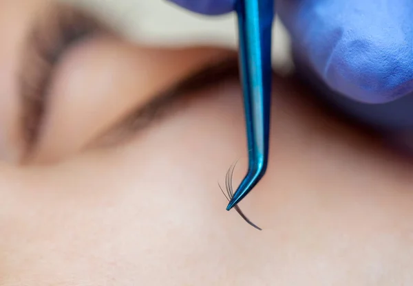 Eyelash Extension Procedure Close Beautiful Woman Long Lashes Beauty Salon — Stock Photo, Image