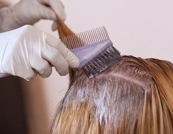 Cabeleireiro Pinta Cabelo Mulher Branco Aplique Tinta Seu Cabelo Salão — Fotografia de Stock