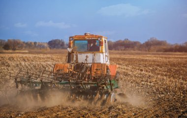 Büyük, eski, güzel traktör toprağı tarlada sürüyordu. Sonbahar hasadından sonra ayçiçeği hasadı. Tarımsal ekipman ve makinelerin çalıştırılması.
