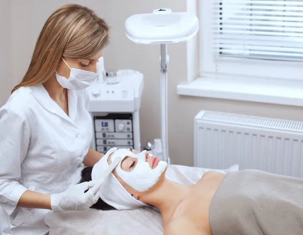 Cosmetologist Procedure Cleansing Moisturizing Skin Applying Mask Stick Face Young — Stock Photo, Image