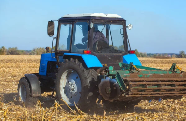 Nagy Kék Traktor Szántja Mezőt Eltávolítja Korábban Kaszált Kukorica Maradványait — Stock Fotó