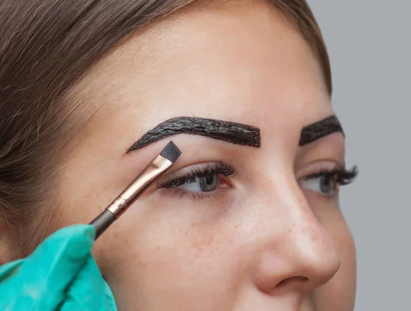 makeup artist applies paint henna on previously plucked, design, trimmed eyebrows in a beauty salon in the session correction. Professional care for face.