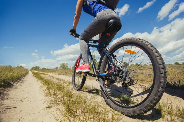 Jedna Młoda Kobieta Sportowiec Jeździ Rowerze Górskim Miastem Sosnowym Lesie — Zdjęcie stockowe