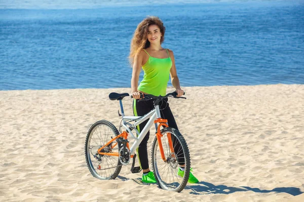 Girl Athlete Long Curly Hair Wearing Black Sweat Pants Light — Stock Photo, Image