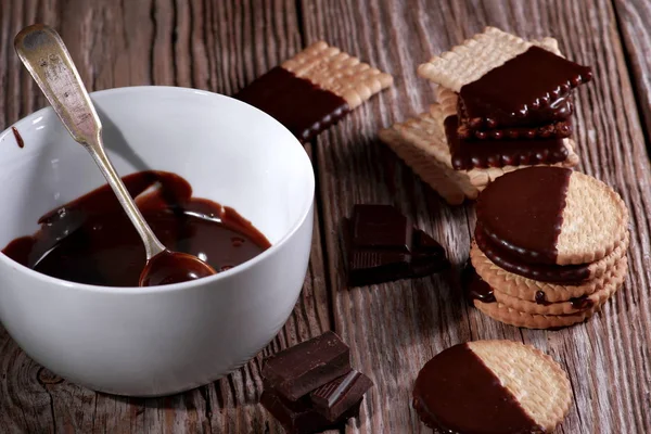 Bol Chocolat Chaud Biscuits Lait Sucré — Photo