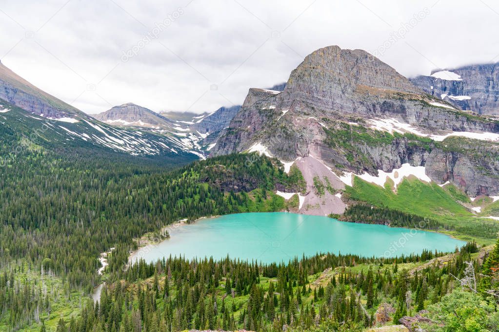 Turquoise colored Grinnel Lake in Glacier National Park, Montana