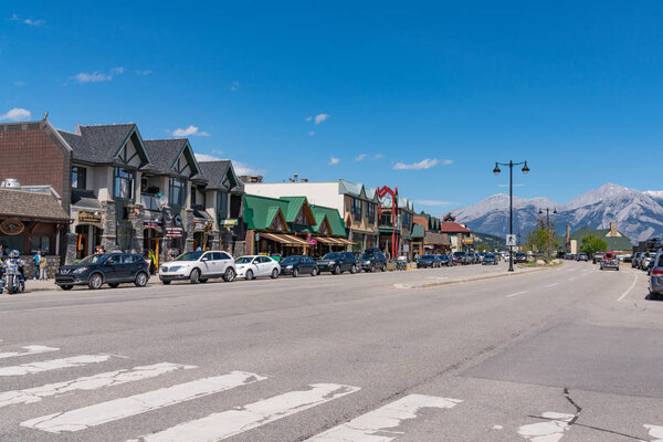 JASPER, CANADA - JULY 5, 2018: Shops in the city of Jasper, Alberta along Connaught Drive.