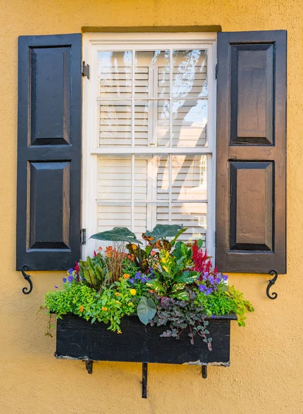 Venster van koloniaal huis met bloemen — Stockfoto