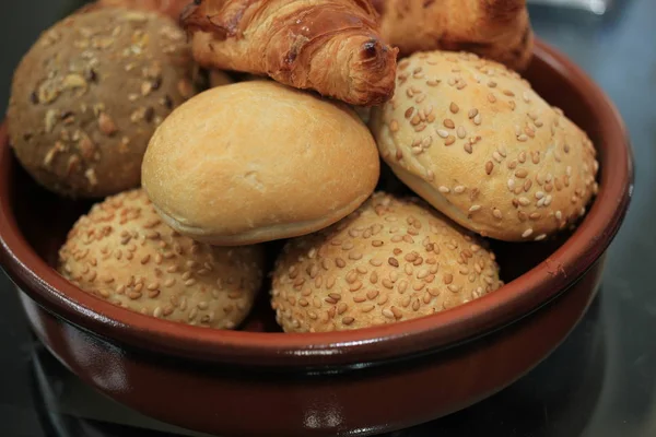 Surtido Pan Fresco Tamaño Mini Mordisco Mesa Desayuno —  Fotos de Stock