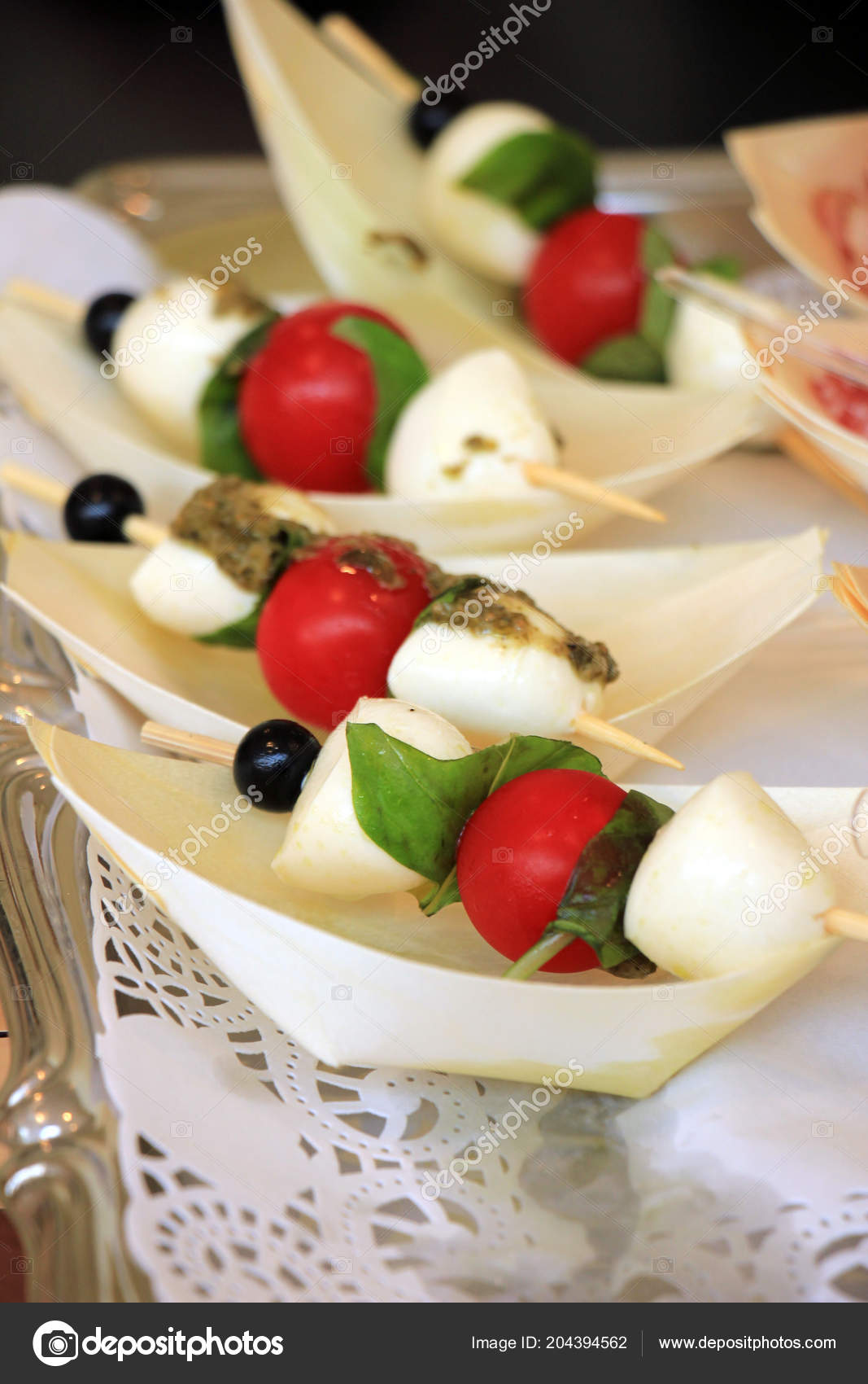 Appetizer Wedding Reception Wooden Skewers Cherry Tomatoes Basil