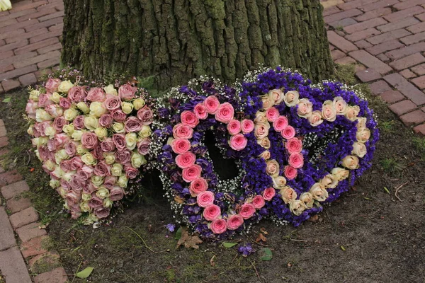 Flores Simpatia Forma Coração Flores Funerárias Perto Uma Árvore — Fotografia de Stock