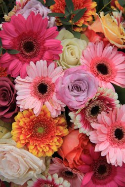 Gerberas ve güller parlak renklerle gelin buketinde