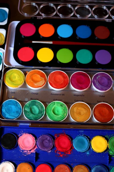 Different Boxes Watercolor Paint Studio — Stock Photo, Image