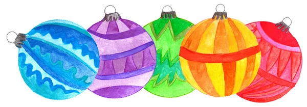 Group Handpainted Watercolor Christmas Baubles Various Colors — Stock Photo, Image