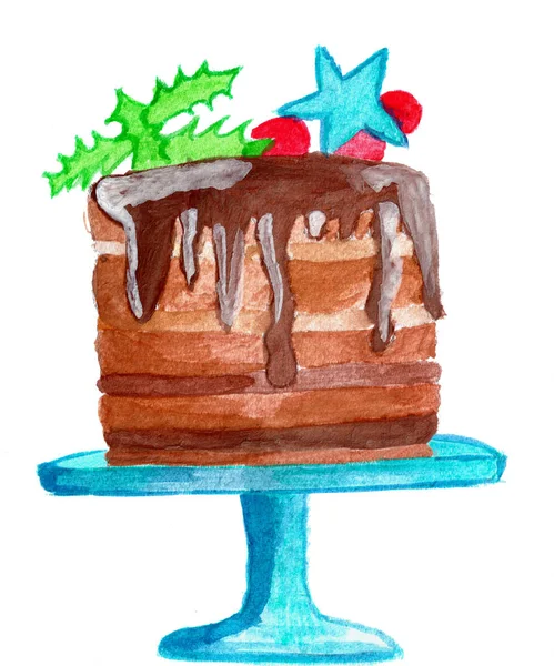 Handbemalter Aquarell Weihnachtskuchen Auf Einem Kuchenständer — Stockfoto