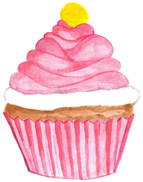 Rózsaszín Akvarell Karácsonyi Cupcake Papír Mikulás Kalapját Sütés — Stock Fotó