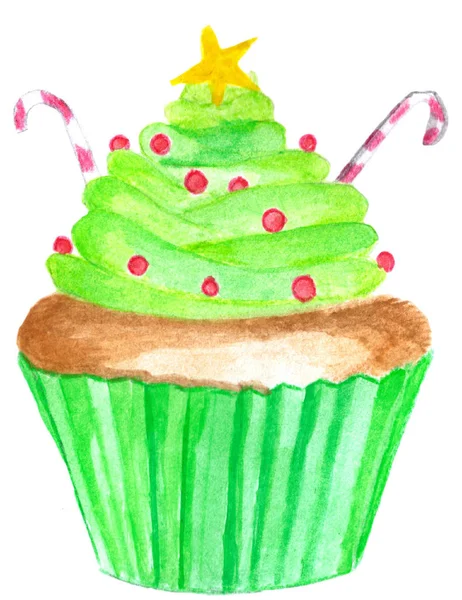 Grüne Aquarell Weihnachtskuchen Backpapier Mit Zuckerstangen — Stockfoto