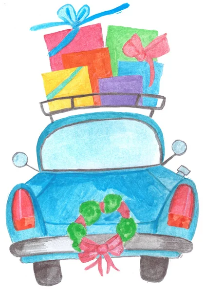 ルーフラックとリースのギフトが付いている手描き水彩車 — ストック写真