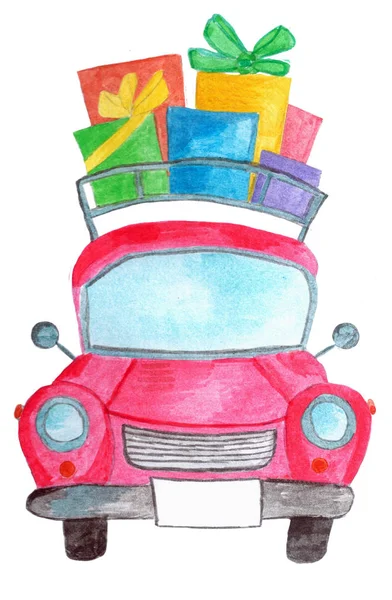 Voiture Aquarelle Peinte Main Avec Cadeaux Sur Toit — Photo