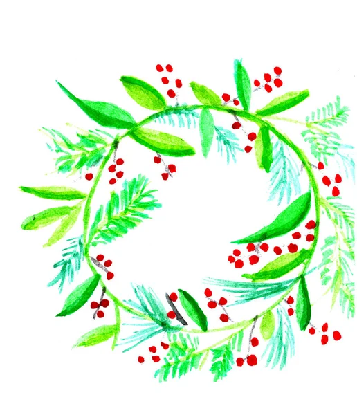 Handpainted Watercolor Christmas Wreath Red Berries — Stock Photo, Image