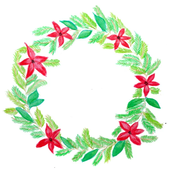 Handpainted Watercolor Christmas Wreath Red Poinsettia — Stock Photo, Image