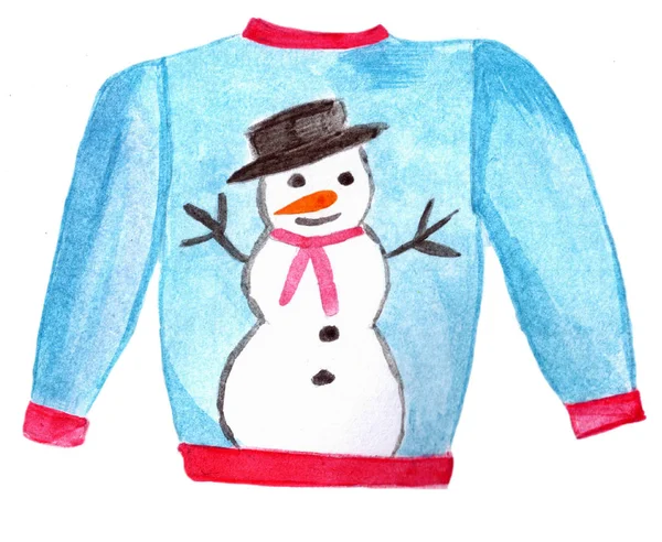 Camisola Natal Pintada Mão Aquarela Feia Com Boneco Neve — Fotografia de Stock