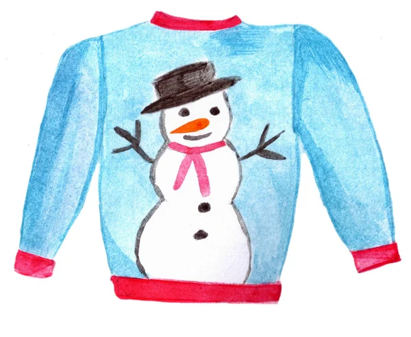 Handpainted watercolor ugly Christmas sweater with snowman