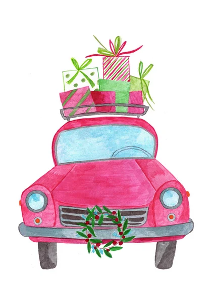 Handpainted Watercolor Car Gifts Roof — Stock Photo, Image