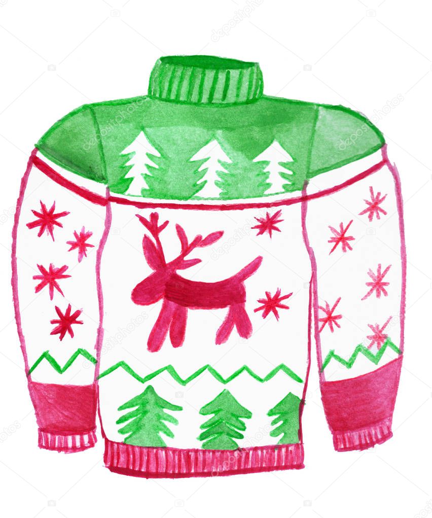 Handpainted watercolor ugly Christmas sweater, traditionel pattern