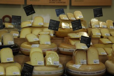 Haarlem, Hollanda, 6th Ekim 2018: peynir bir sürdürülebilir bakkal dükkanında çeşitli türlü. Metin etiketleri hakkında: Felemenkçe, ürün bilgileri olgun peynir, Genç peynir