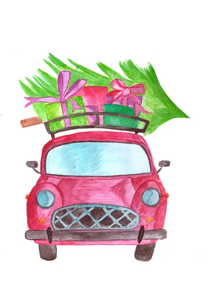 Ręcznie Malowane Akwarela Samochód Prezentami Drzewo Dach — Zdjęcie stockowe