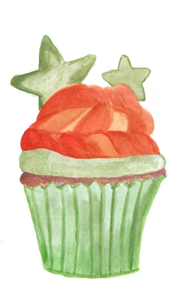 Cupcake Orange Aquarelle Peint Main Avec Des Étoiles Vertes Dans — Photo