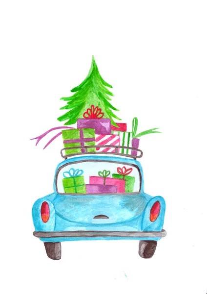 Handgeschilderde Aquarel Auto Met Giften Boom Dak — Stockfoto