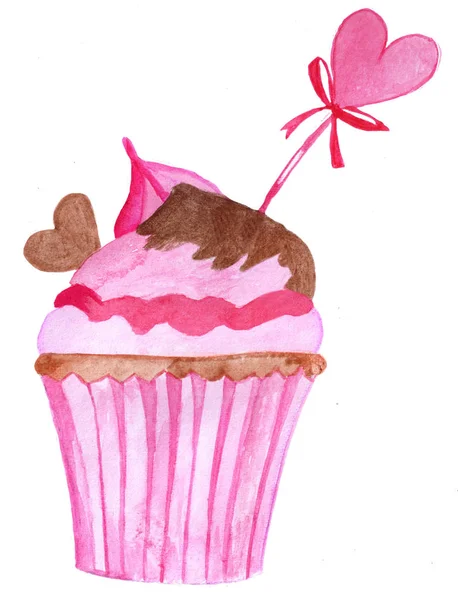 Håndmalet Akvarel Valentine Cupcake Med Chokolade Lyserøde Hjerter Bagepapir - Stock-foto