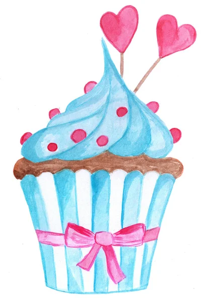 Cupcake Valentino Blu Acquerello Dipinto Mano Con Decorazioni Cuore Nastro — Foto Stock