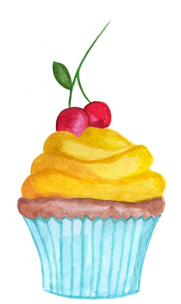 Cupcake Citron Aquarelle Peint Main Avec Des Cerises — Photo