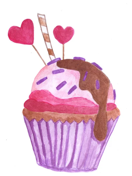 Handbemalte Aquarell Valentin Cupcake Mit Streusel Und Schokolade — Stockfoto