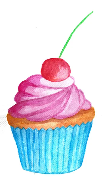 Handbemalte Aquarell Lila Cupcake Mit Kirsche — Stockfoto