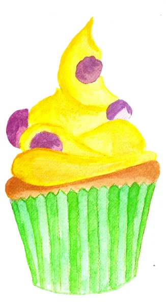 Handbemalter Zitronen Cupcake Mit Blauen Beeren Backpapier — Stockfoto