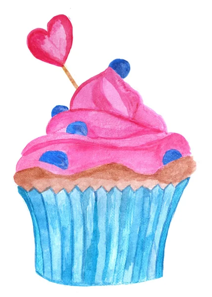 Håndmalet Akvarel Valentine Cupcake Med Blå Bær Bagepapir - Stock-foto