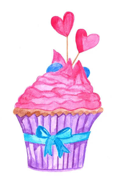 Cupcake Valentine Pintado Mão Aquarela Rosa Com Decorações Coração Fita — Fotografia de Stock