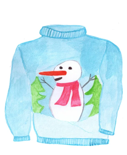 Hand Geschilderd Aquarel Ugly Christmas Sweater Sneeuwpop — Stockfoto