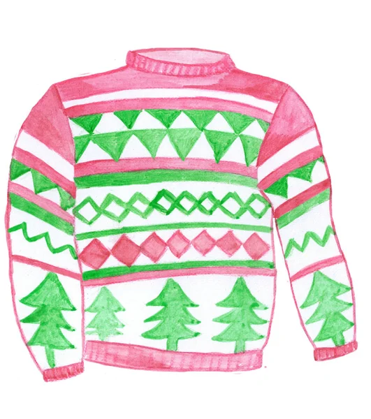 手绘水彩丑陋的圣诞毛衣 Traditionel 北欧模式 — 图库照片