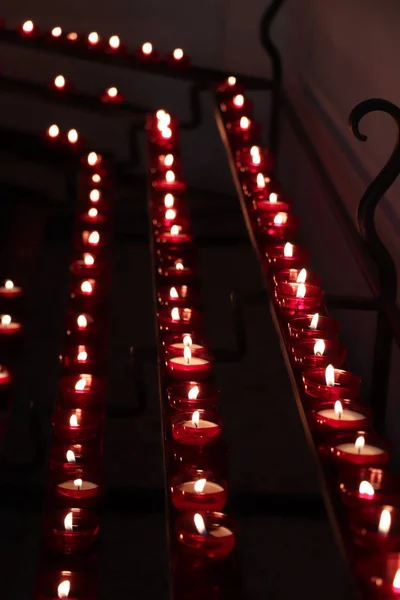 Red Votive Candles Burning Dutch Protestant Christian Church — Stock Photo, Image