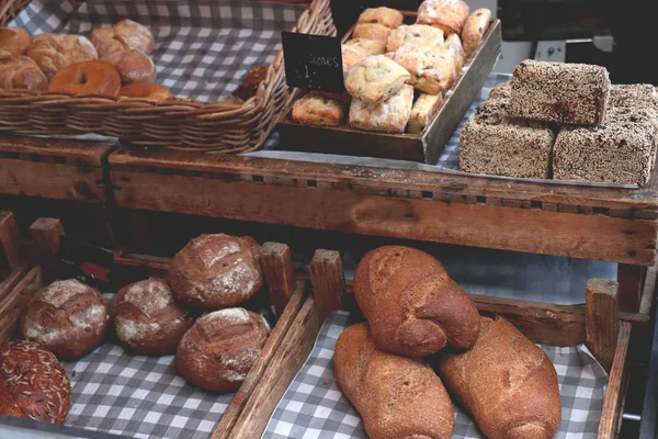 Vari Tipi Pane Artigianale Mercato — Foto Stock